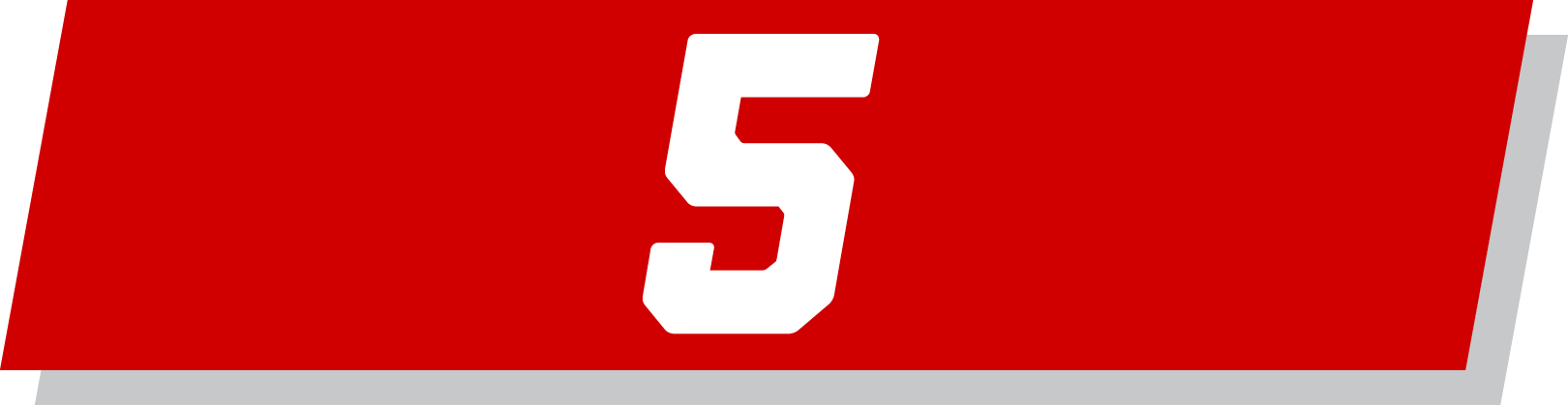 White number 5 on a red and gray geometric background.