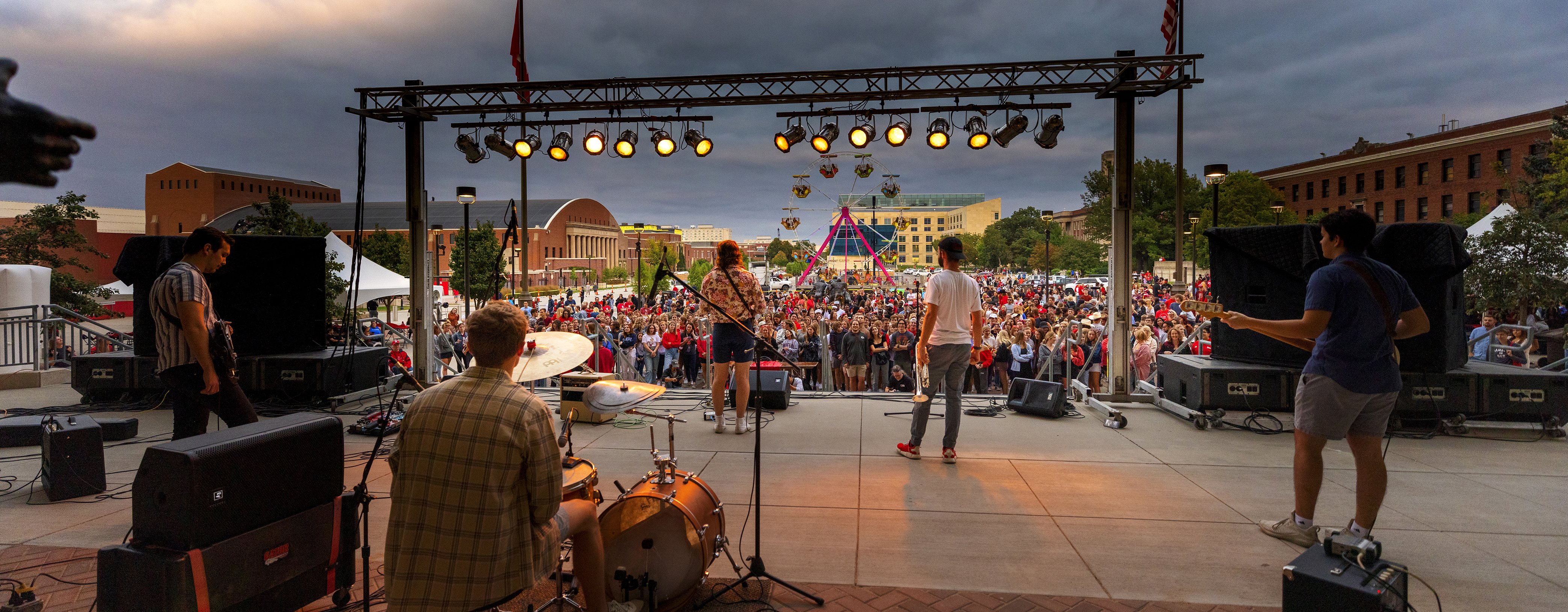 A band performs at the homecoming festival in Lincoln, Neb.