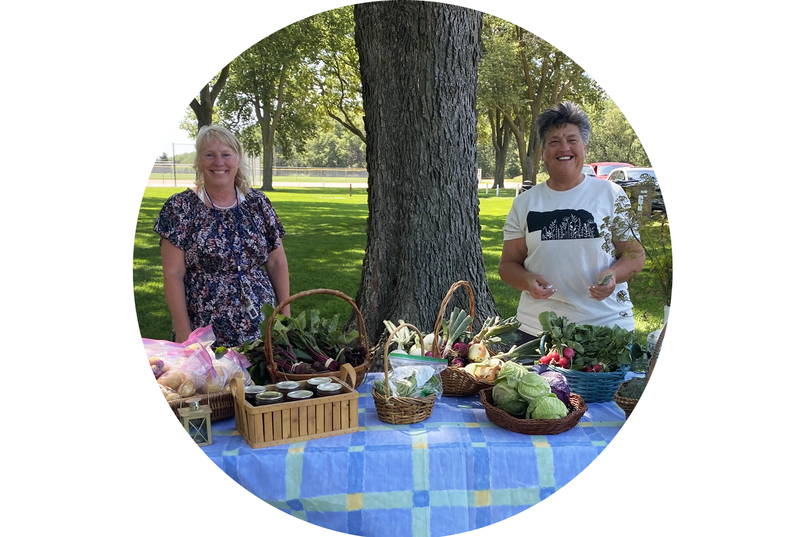 Women host a table at a community farmers market.