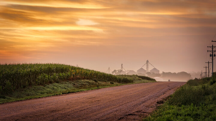 Stock photo of rural countryside at sunset.