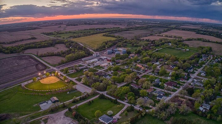 Stock photo of small town at sunset.