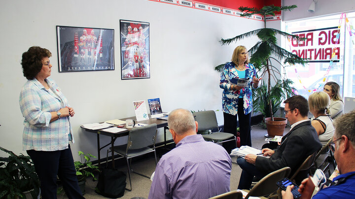 Dr. Cheryl Burkhart-Kriesel (left) and Marilyn Schlake (right) present on the Marketing Hometown America program at the 2022 Connecting Entrepreneurial Communities Conference in Columbus, Neb.