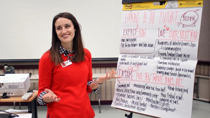 Amanda Kowalewski runs a workshop about community development in Tilden, Neb.