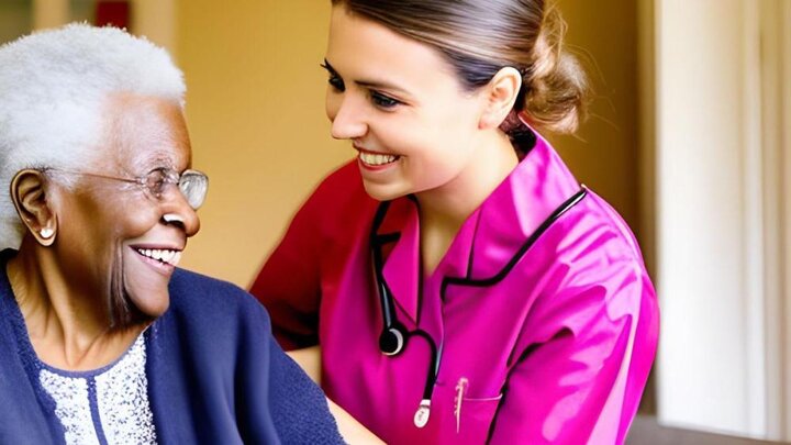 Stock photo of a homecare working caring for an elderly woman. Photographer unknown