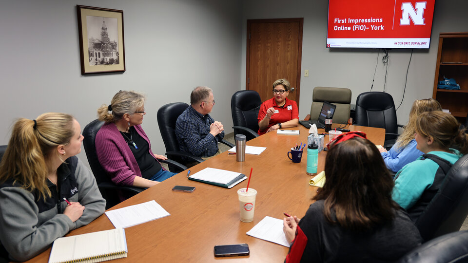 RPN Extension Educator Maria Cantu Hines meets with York officials to review the First Impressions Online results.