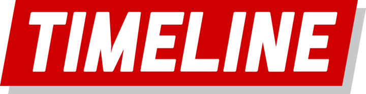 Timeline logo with bold red banner and white text.