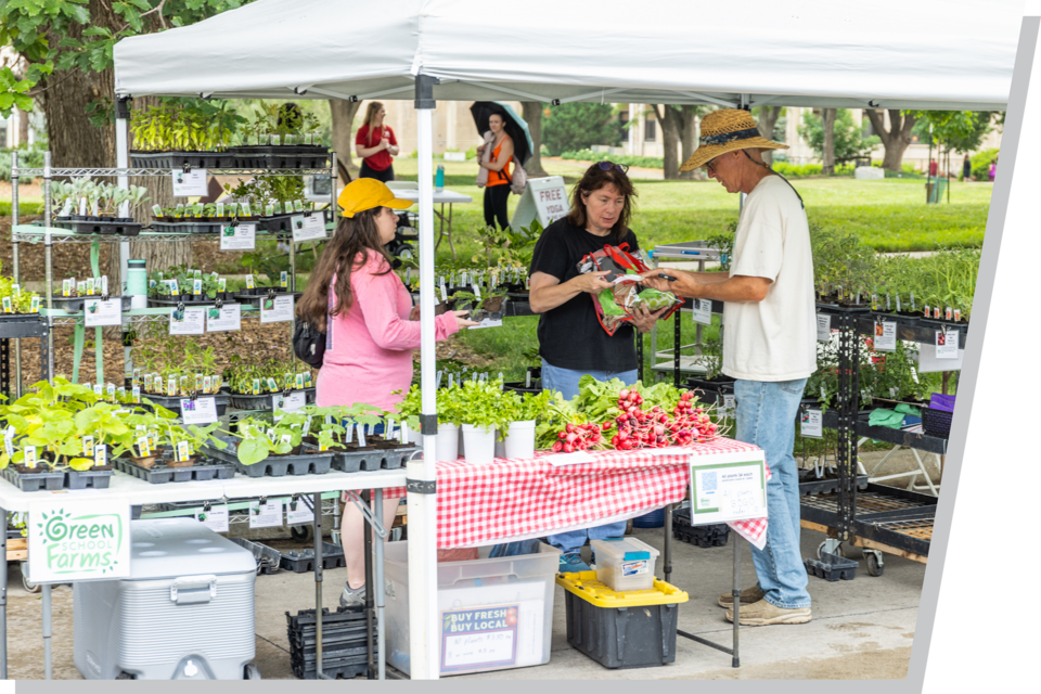 A woman and her child buy vegetables from a farmer at his farmers market stand.