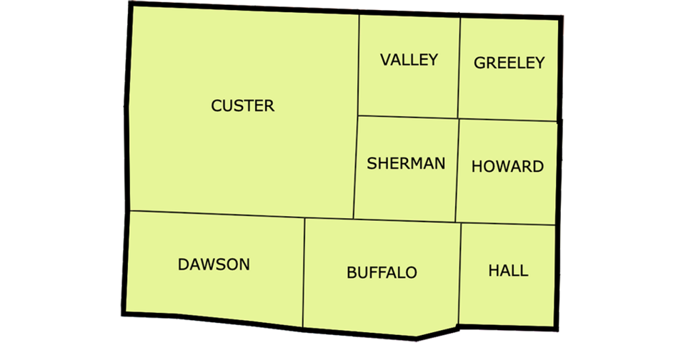 Decorative graphic map of Nebraska's central region.