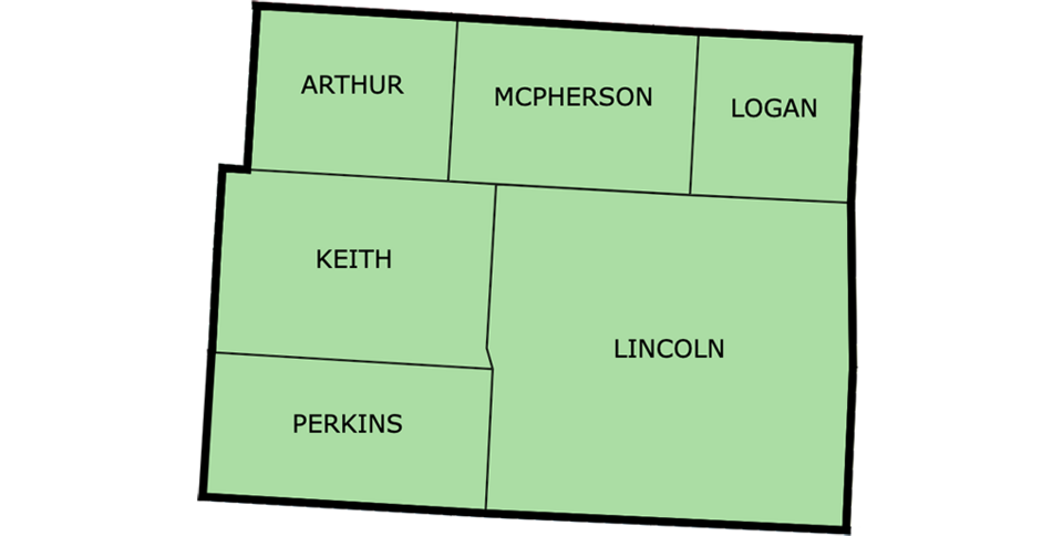 Decorative graphic map of Nebraska's central west region.