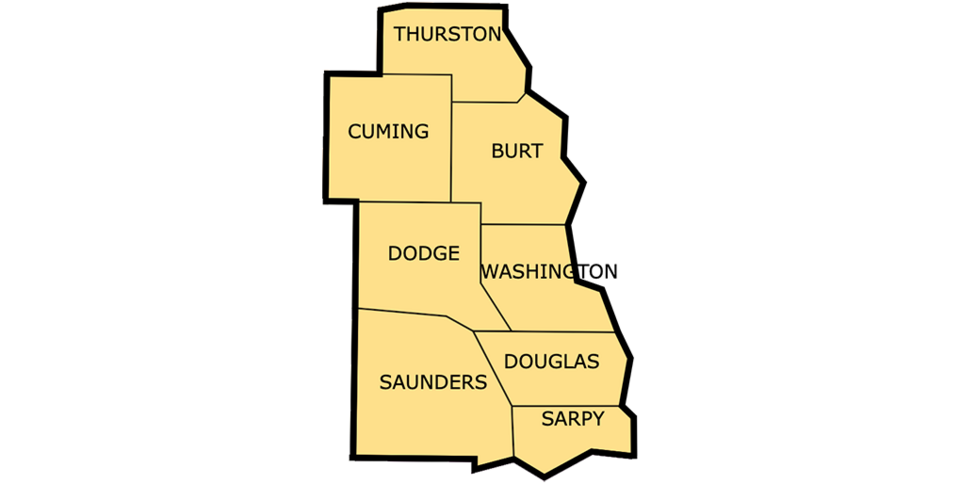 Decorative graphic map of Nebraska's east central region.
