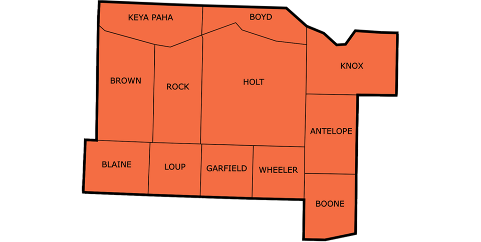 Decorative graphic map of Nebraska's north central region.