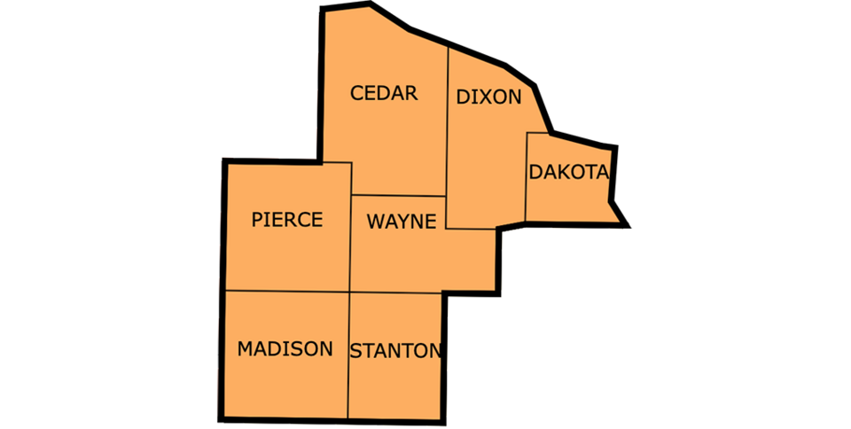 Decorative graphic map of Nebraska's northeast region.