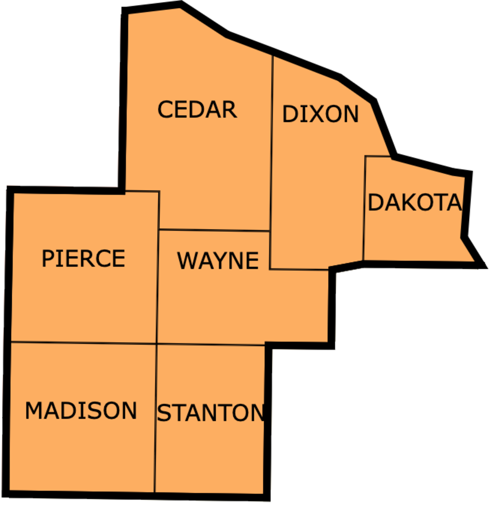 Graphic map of Cedar, Dakota, Dixon, Madison, Pierce, Stanton and Wayne counties in northeast Nebraska.