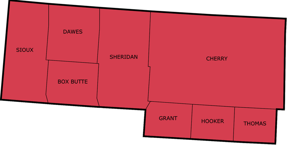 Decorative graphic map of Nebraska's northwest panhandle region.