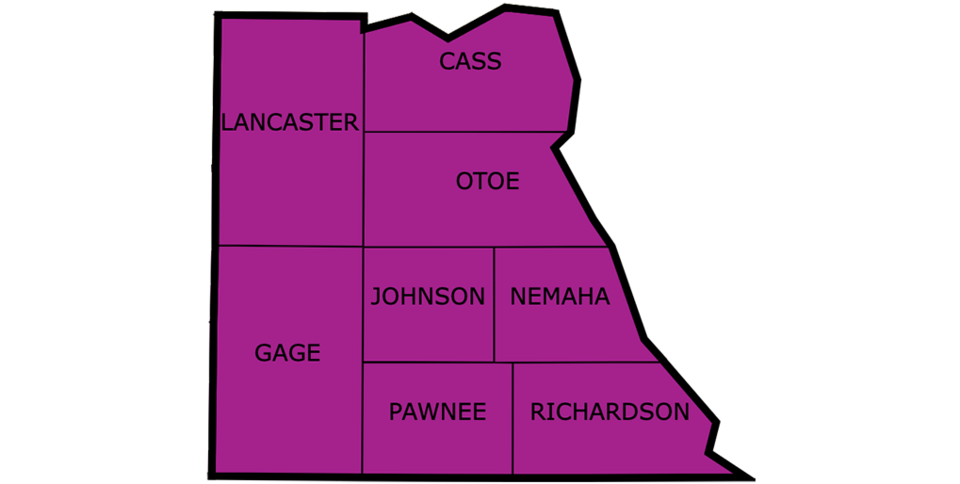 Decorative graphic map of Nebraska's southeast region.