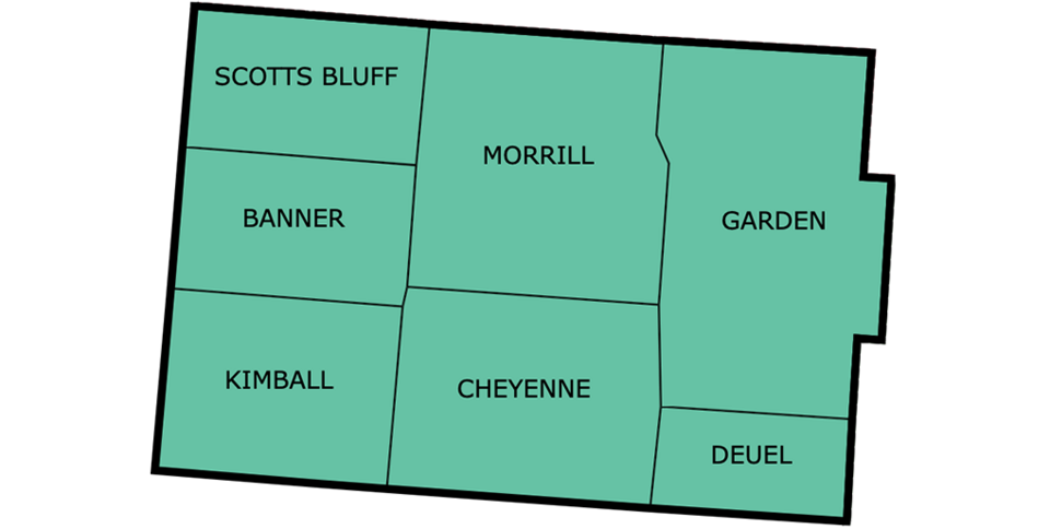 Decorative graphic map of Nebraska's southwest panhandle region.